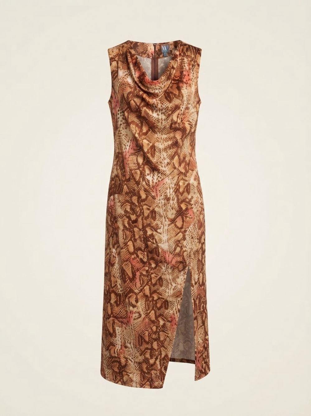 Worthington Brown Snake-Print Cowl Neck Midi Dress with Front Slit